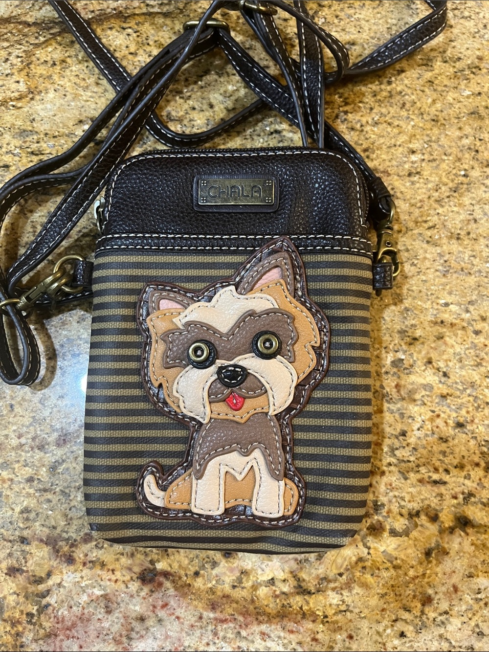 Chala Brown Striped Crossbody with Yorkie Appliqué